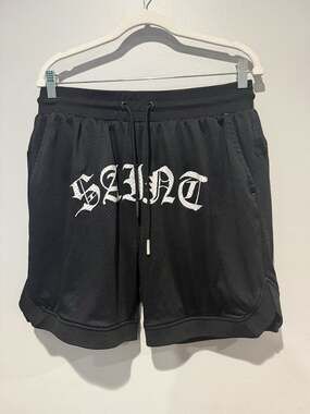Men's Saint Morta Athletic Mesh Shorts Big Logo Gym Black White Pockets Large